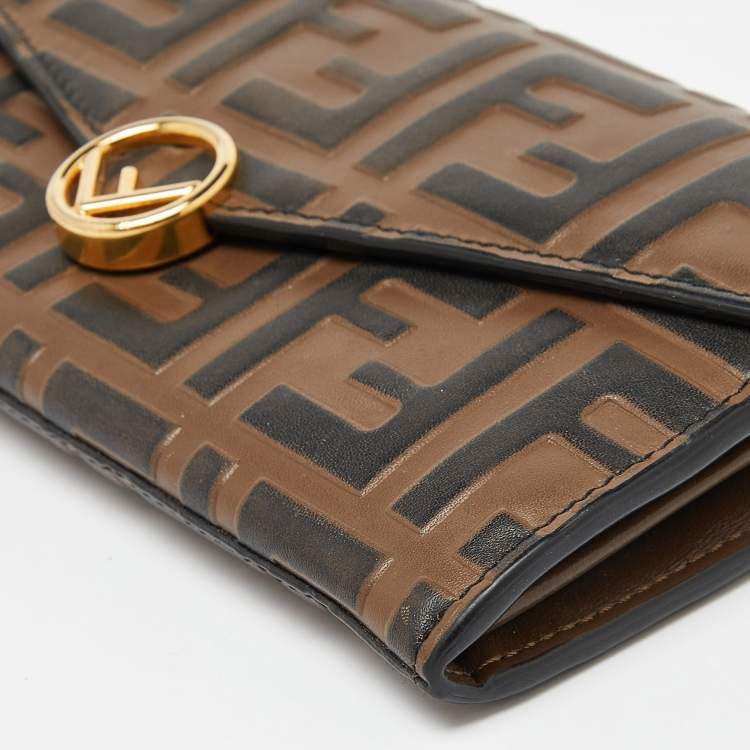 Pre Owned Fendi Tobacco Zucca Embossed Leather Flap Wallet on Chain