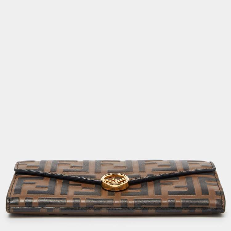 Pre Owned Fendi Tobacco Zucca Embossed Leather Flap Wallet on Chain