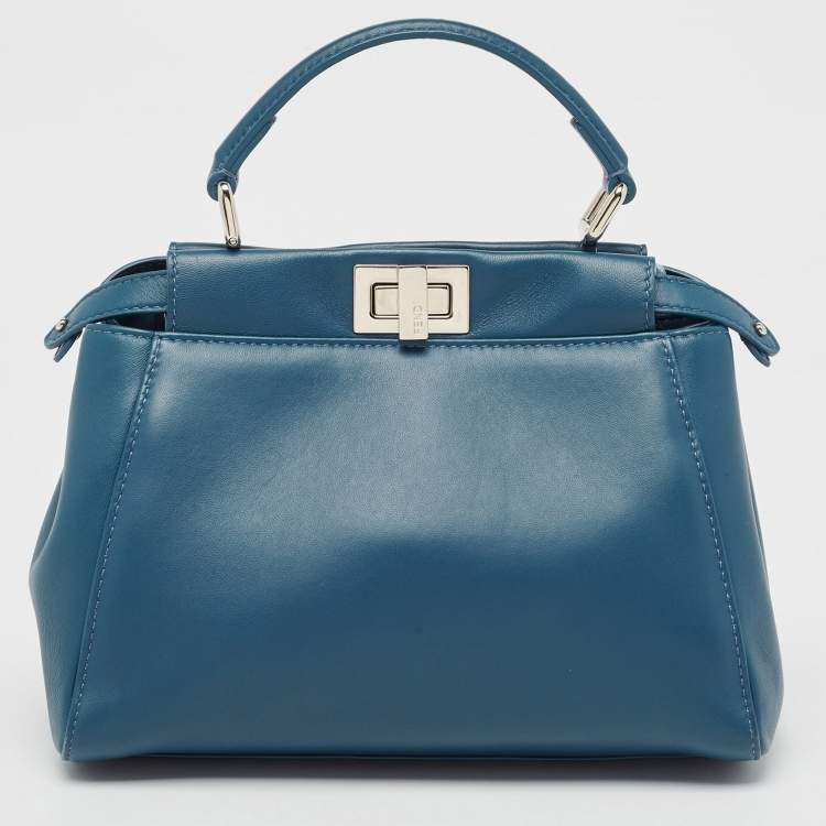 Pre Owned Fendi Teal Blue Leather Mini Peekaboo Top Handle Bag