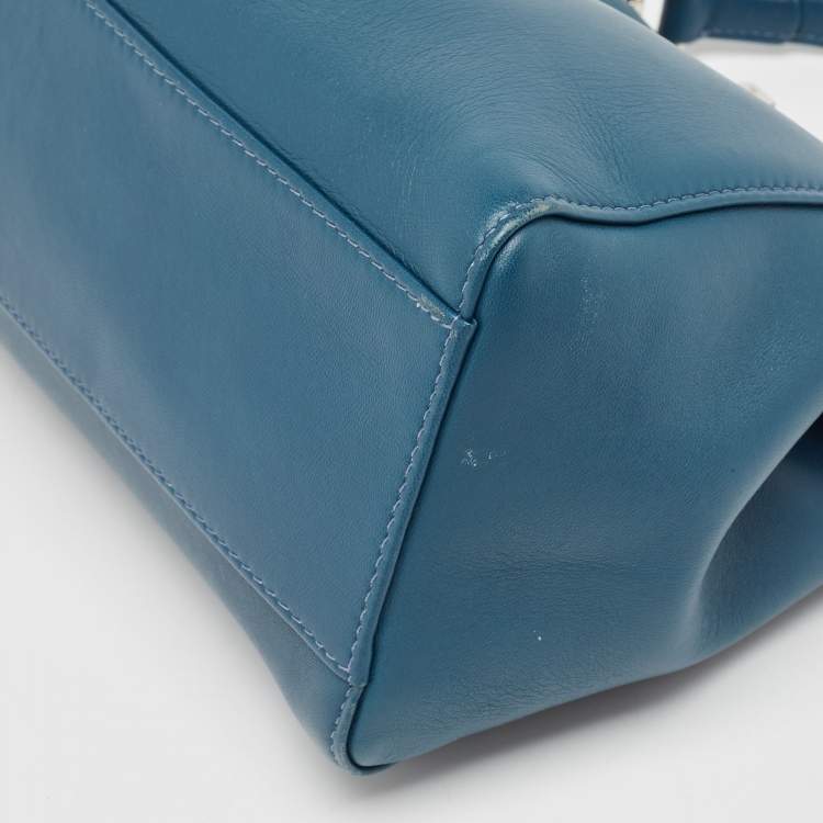 Pre Owned Fendi Teal Blue Leather Mini Peekaboo Top Handle Bag