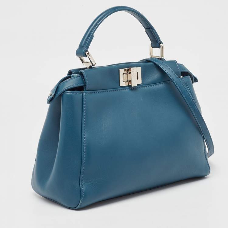 Pre Owned Fendi Teal Blue Leather Mini Peekaboo Top Handle Bag