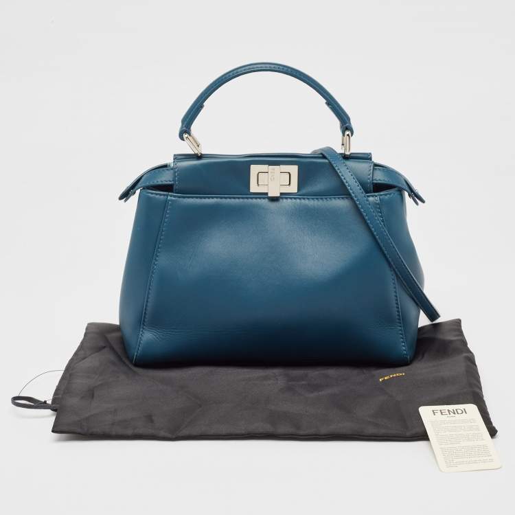 Pre Owned Fendi Teal Blue Leather Mini Peekaboo Top Handle Bag