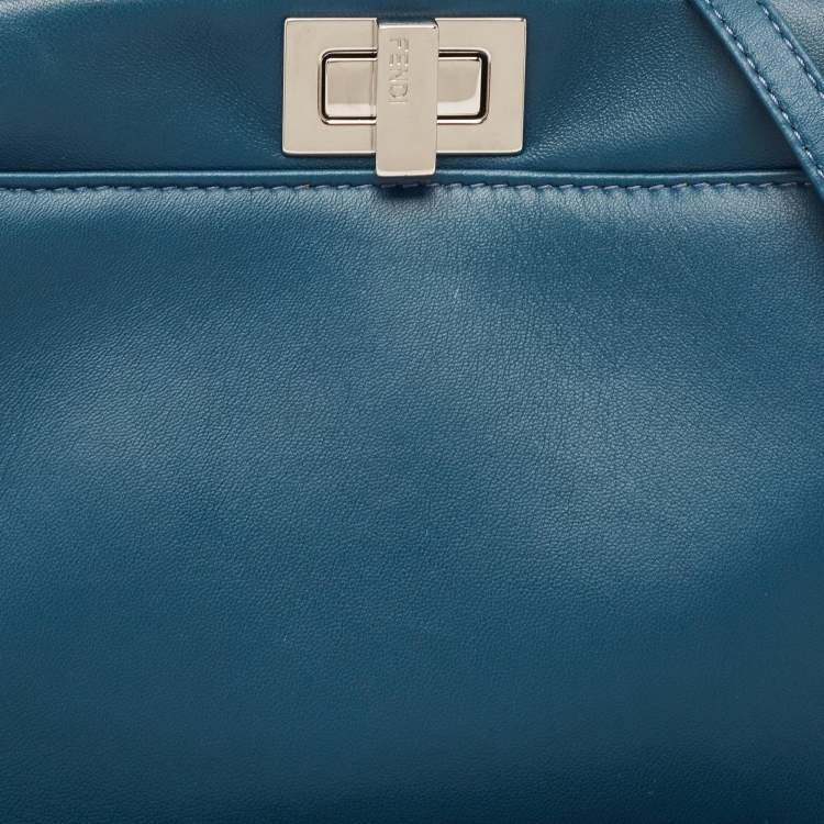 Pre Owned Fendi Teal Blue Leather Mini Peekaboo Top Handle Bag