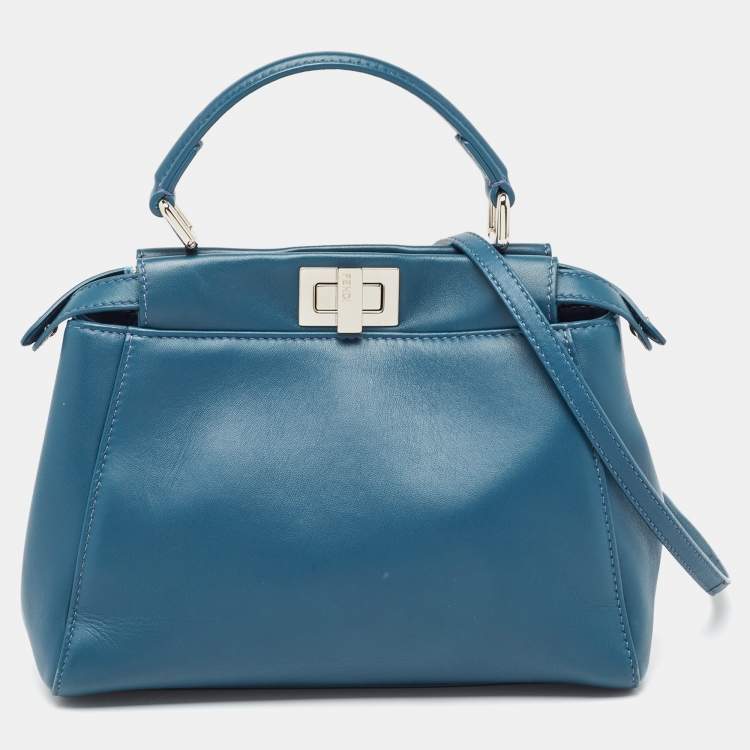 Pre Owned Fendi Teal Blue Leather Mini Peekaboo Top Handle Bag