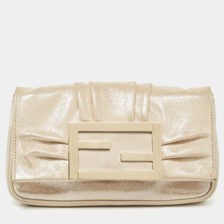 Pre Owned Fendi Beige Shimmering Leather Mia Pochette Bag