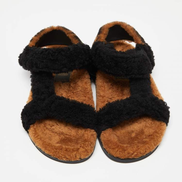 Pre Owned Fendi Brown/Black Shearling Fur Ankle Strap Flat Sandals Size 38