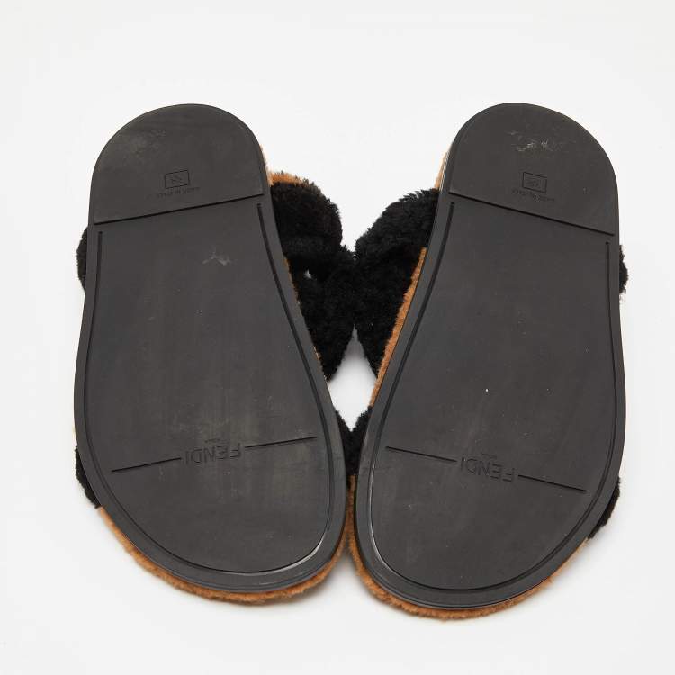 Pre Owned Fendi Brown/Black Shearling Fur Ankle Strap Flat Sandals Size 38