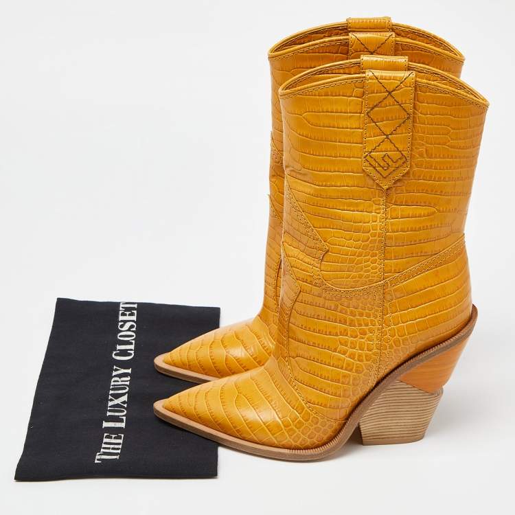 Pre Owned Fendi Yellow Croc Embossed Leather Cowboy Mid Calf Boots Size 39
