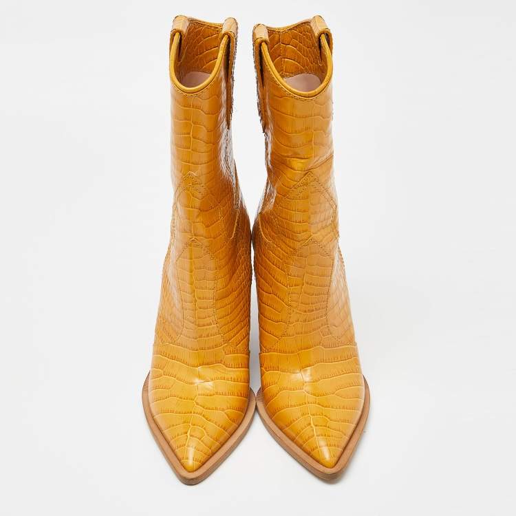 Pre Owned Fendi Yellow Croc Embossed Leather Cowboy Mid Calf Boots Size 39