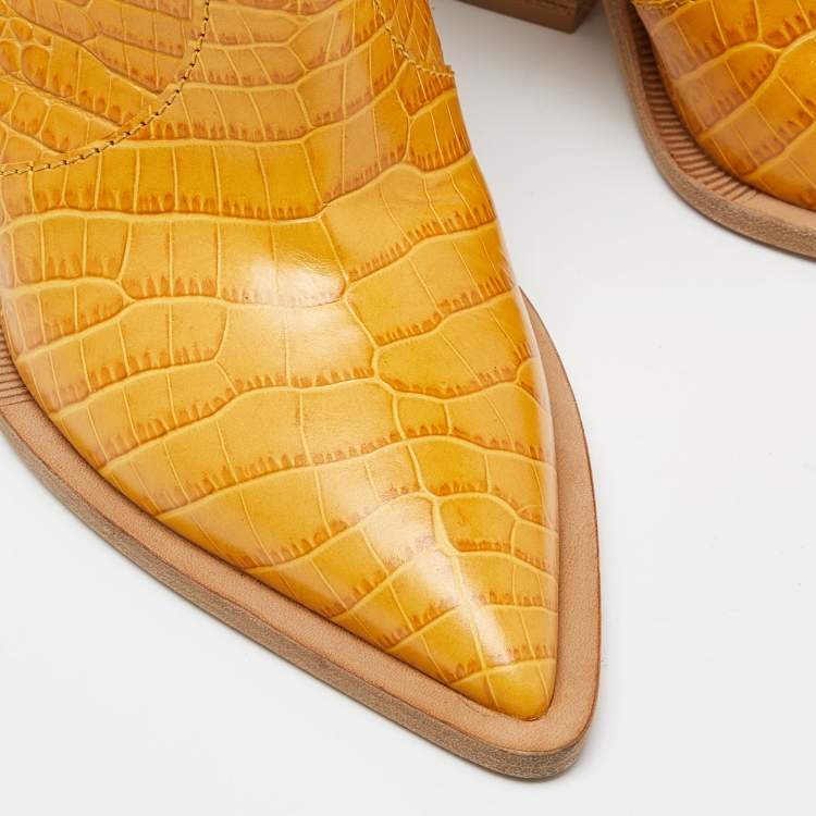 Pre Owned Fendi Yellow Croc Embossed Leather Cowboy Mid Calf Boots Size 39