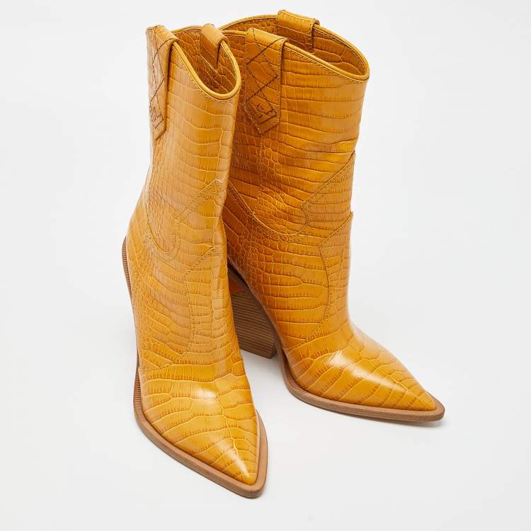Pre Owned Fendi Yellow Croc Embossed Leather Cowboy Mid Calf Boots Size 39