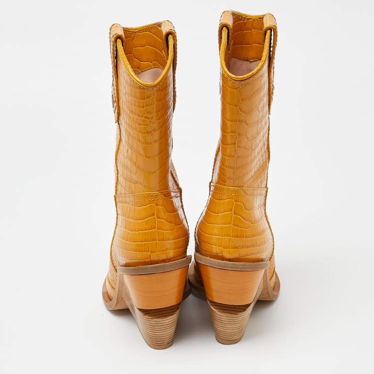 Pre Owned Fendi Yellow Croc Embossed Leather Cowboy Mid Calf Boots Size 39
