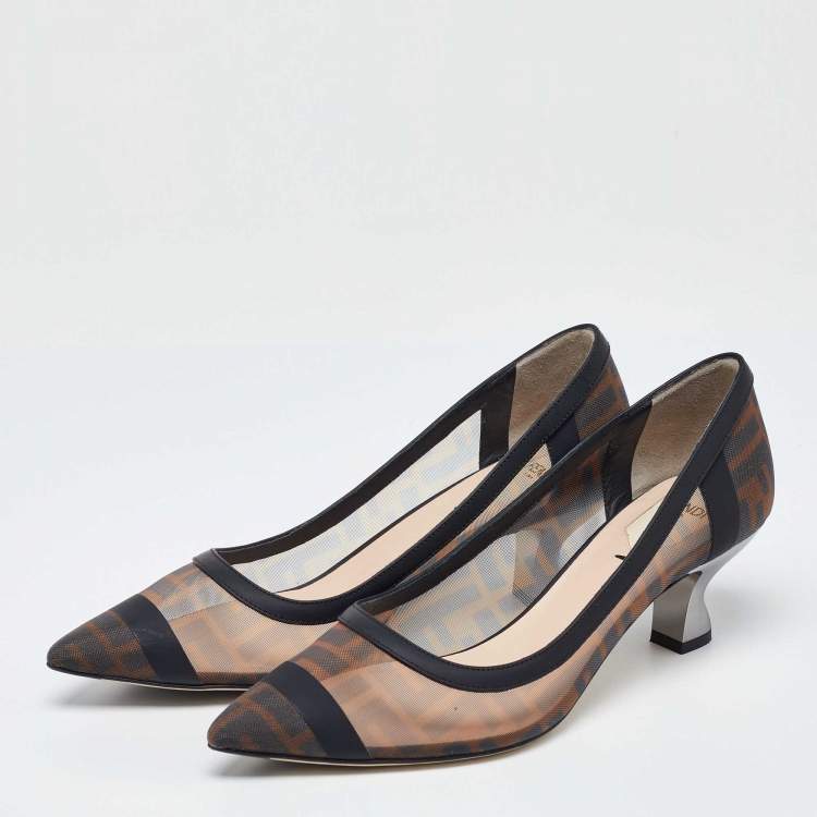 Pre Owned Fendi Black/Brown Zucca Mesh and Leather Colibri Pumps Size 38.5