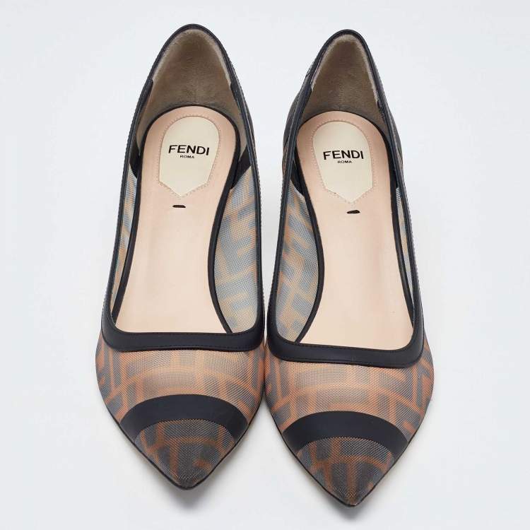Pre Owned Fendi Black/Brown Zucca Mesh and Leather Colibri Pumps Size 38.5