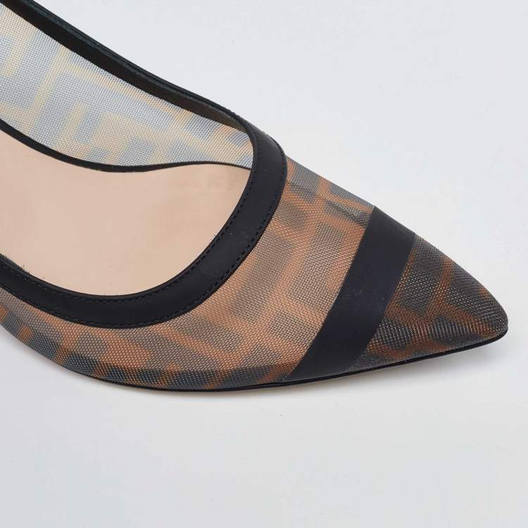 Pre Owned Fendi Black/Brown Zucca Mesh and Leather Colibri Pumps Size 38.5