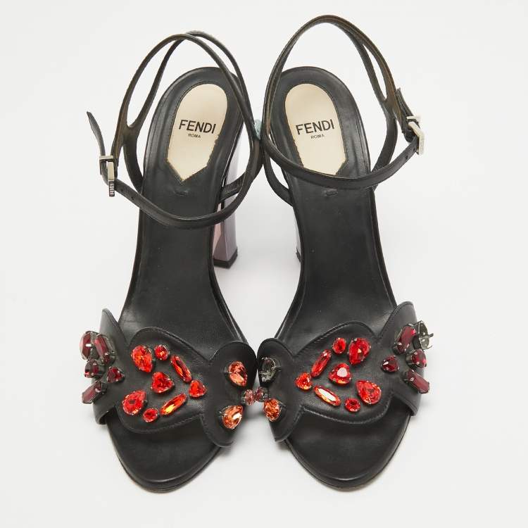 Pre Owned Fendi Black Leather Ankle Strap Crystal Embellished Ankle Strap Sandals Size 38 