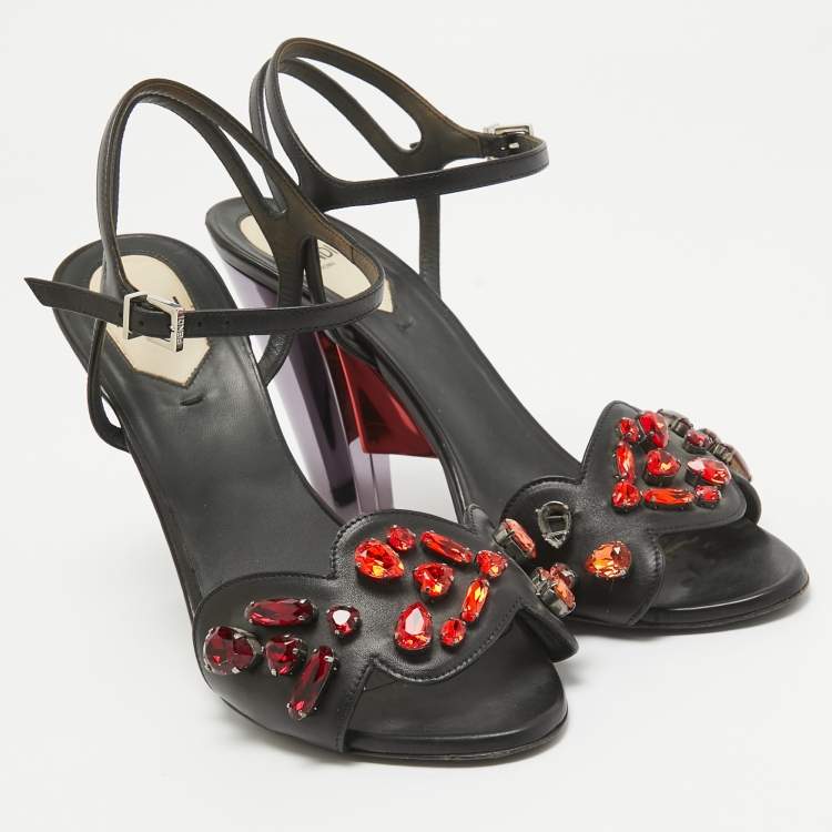Pre Owned Fendi Black Leather Ankle Strap Crystal Embellished Ankle Strap Sandals Size 38 