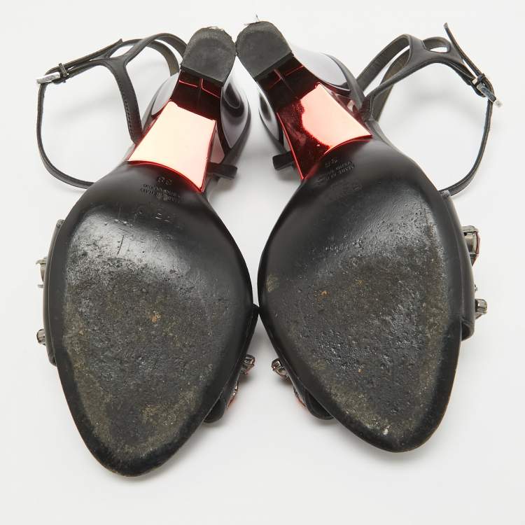 Pre Owned Fendi Black Leather Ankle Strap Crystal Embellished Ankle Strap Sandals Size 38 