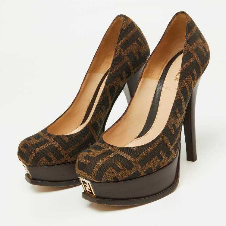 Pre Owned Fendi Brown Zucca Canvas Fendista Platform Round Toe Pumps Size 36.5