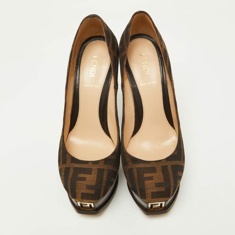 Pre Owned Fendi Brown Zucca Canvas Fendista Platform Round Toe Pumps Size 36.5