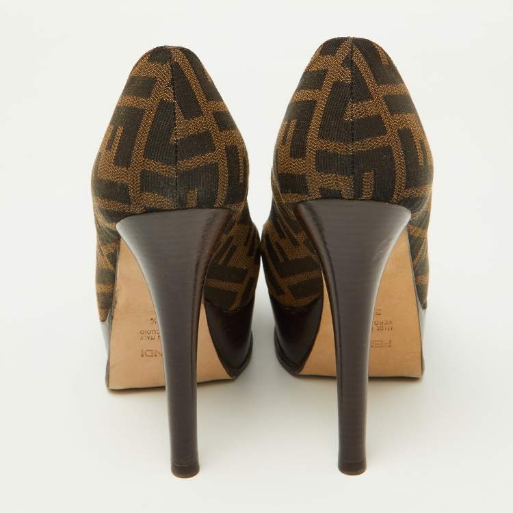 Pre Owned Fendi Brown Zucca Canvas Fendista Platform Round Toe Pumps Size 36.5
