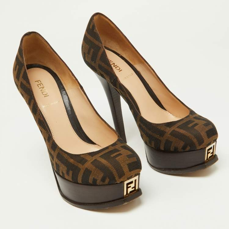 Pre Owned Fendi Brown Zucca Canvas Fendista Platform Round Toe Pumps Size 36.5