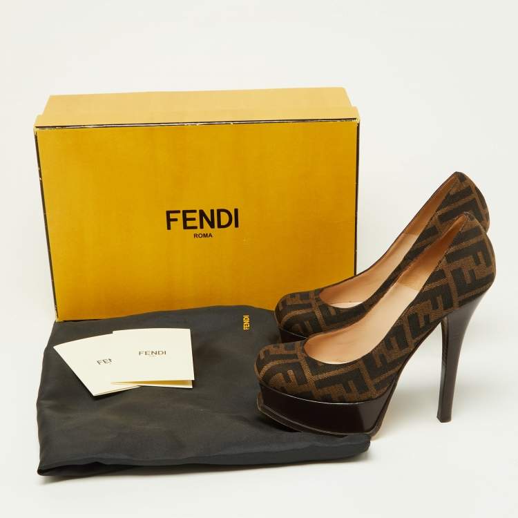 Pre Owned Fendi Brown Zucca Canvas Fendista Platform Round Toe Pumps Size 36.5