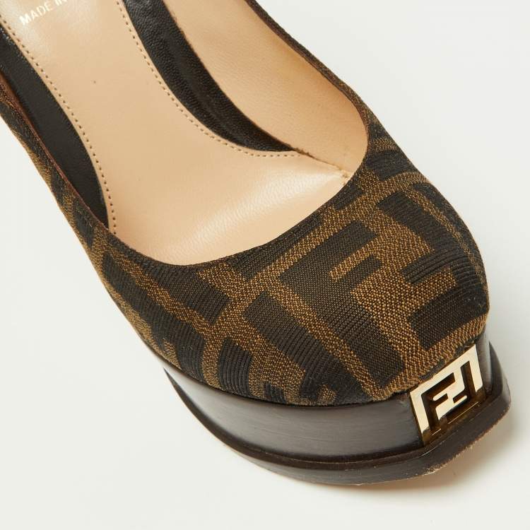 Pre Owned Fendi Brown Zucca Canvas Fendista Platform Round Toe Pumps Size 36.5