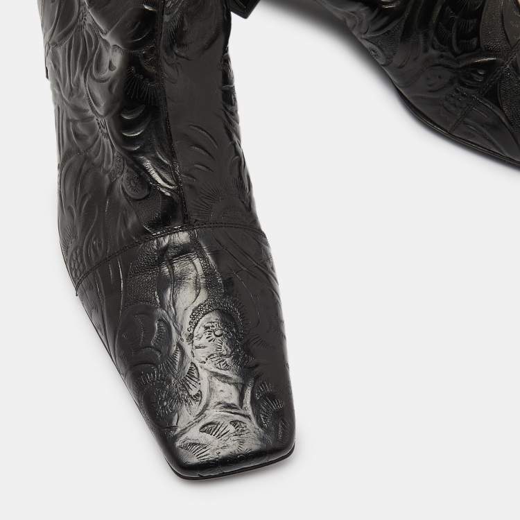 Pre Owned Fendi Black Floral Leather Knee Length Boots Size 41