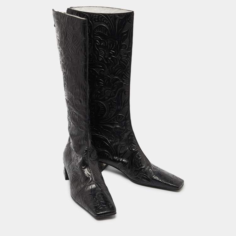 Pre Owned Fendi Black Floral Leather Knee Length Boots Size 41