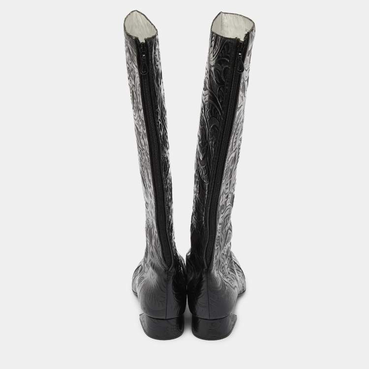 Pre Owned Fendi Black Floral Leather Knee Length Boots Size 41