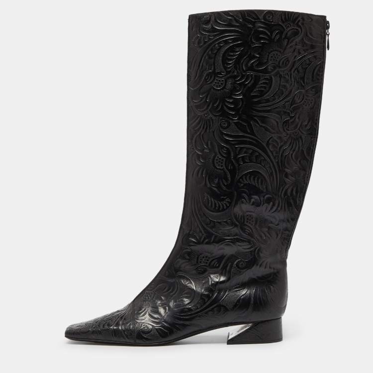 Pre Owned Fendi Black Floral Leather Knee Length Boots Size 41