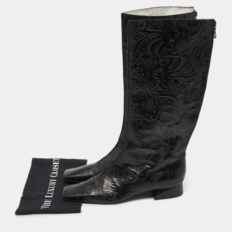 Pre Owned Fendi Black Floral Leather Knee Length Boots Size 41