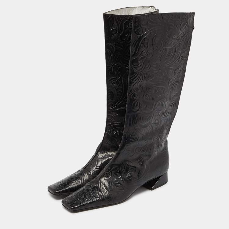 Pre Owned Fendi Black Floral Leather Knee Length Boots Size 41