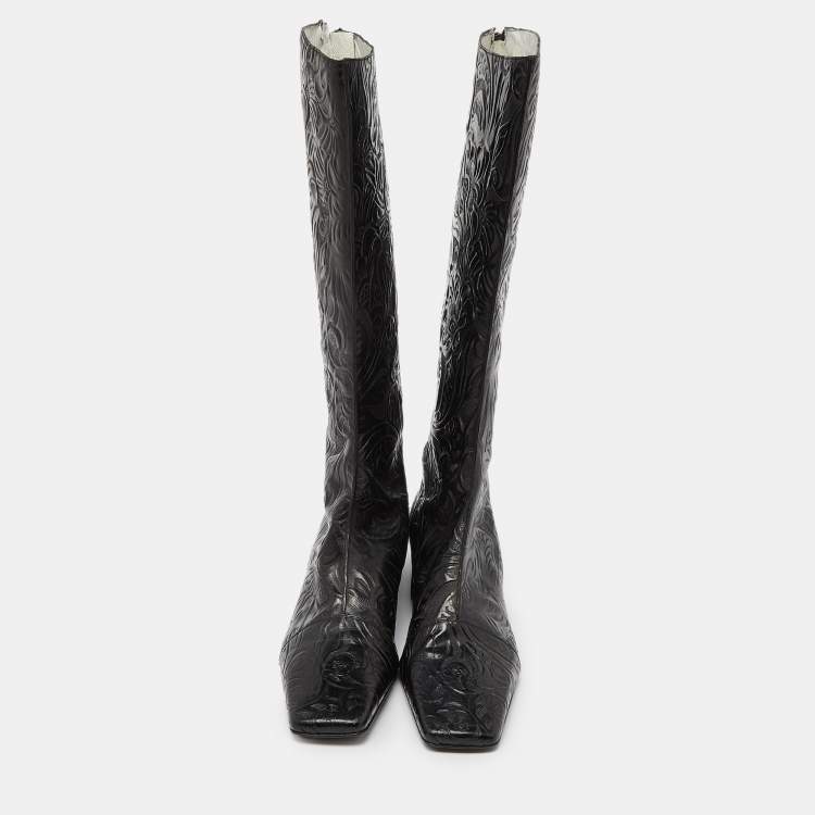 Pre Owned Fendi Black Floral Leather Knee Length Boots Size 41