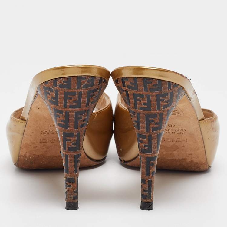 Pre Owned Fendi Gold Patent Leather FF Heel Slide Sandals Size 40