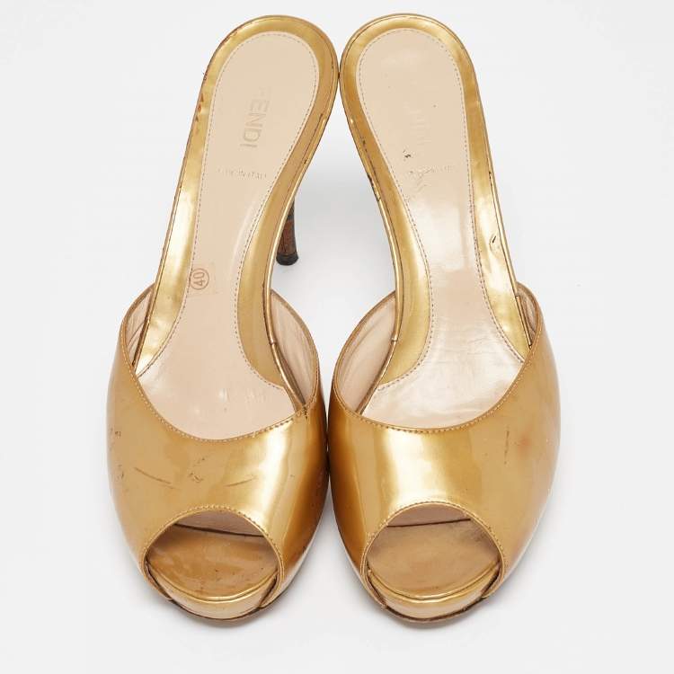 Pre Owned Fendi Gold Patent Leather FF Heel Slide Sandals Size 40