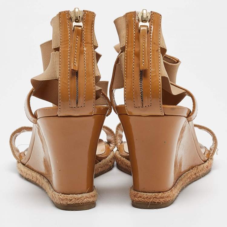 Pre Owned Fendi Brown Patent and Elastic Wedge Sandals Size 39.5