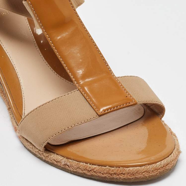 Pre Owned Fendi Brown Patent and Elastic Wedge Sandals Size 39.5