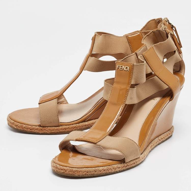 Pre Owned Fendi Brown Patent and Elastic Wedge Sandals Size 39.5