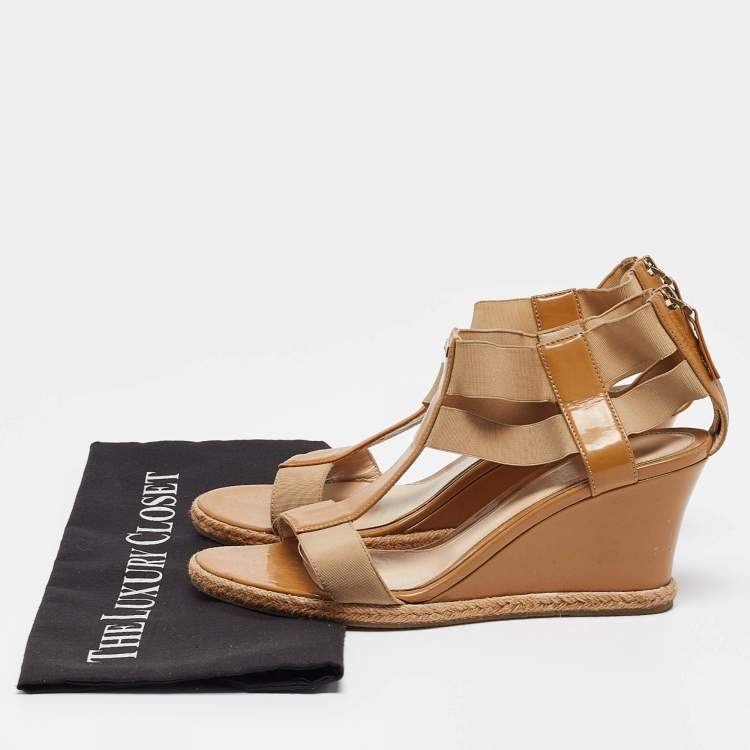 Pre Owned Fendi Brown Patent and Elastic Wedge Sandals Size 39.5