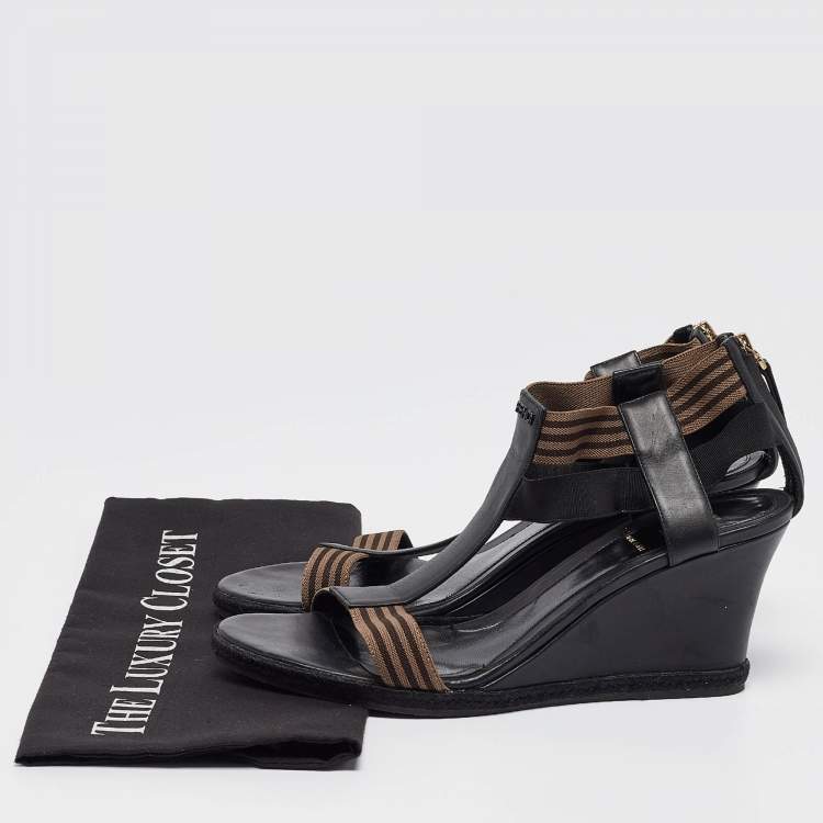 Pre Owned Fendi Black/Brown Leather and Elastic T-Strap Wedge Sandals Size 41