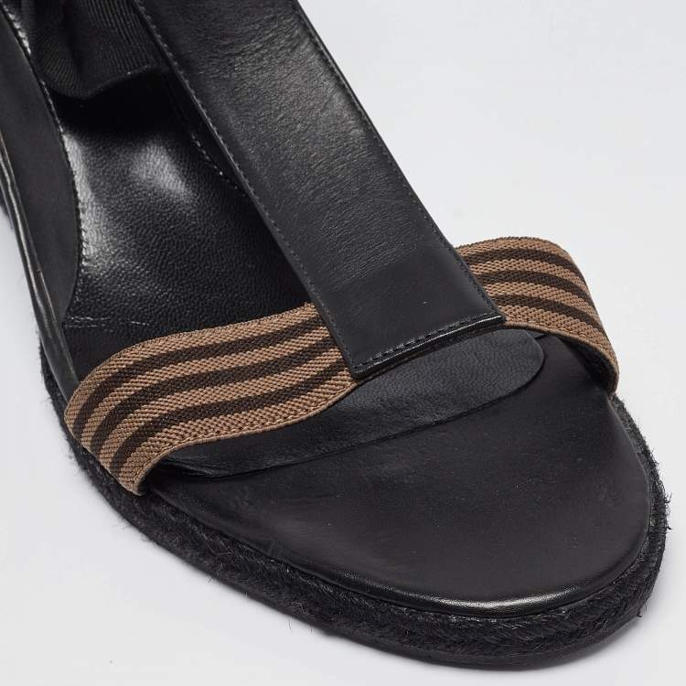 Pre Owned Fendi Black/Brown Leather and Elastic T-Strap Wedge Sandals Size 41
