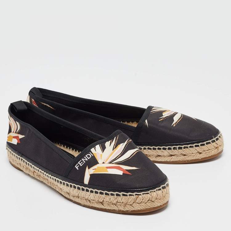 Pre Owned Fendi Black Printed Satin Espadrilles Flats Size 39
