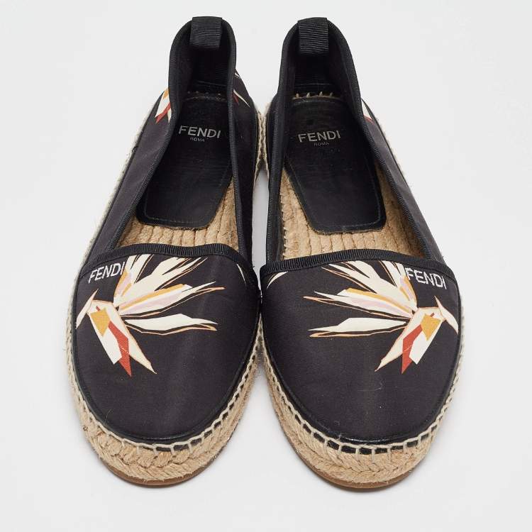 Pre Owned Fendi Black Printed Satin Espadrilles Flats Size 39