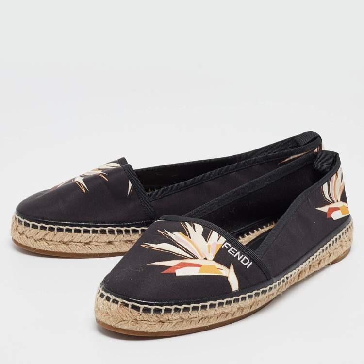 Pre Owned Fendi Black Printed Satin Espadrilles Flats Size 39