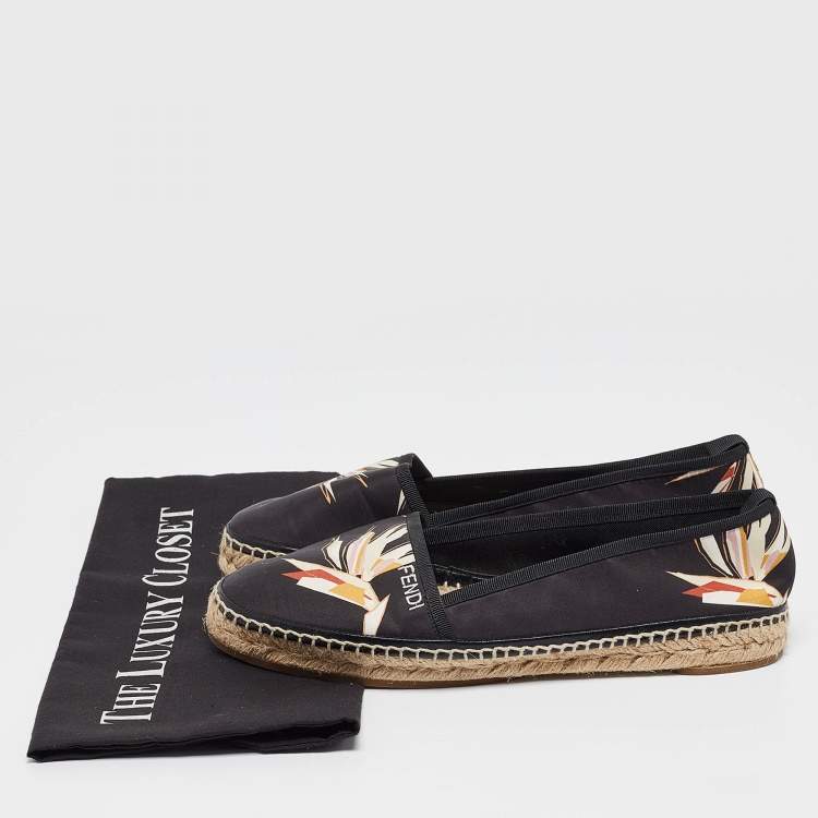Pre Owned Fendi Black Printed Satin Espadrilles Flats Size 39