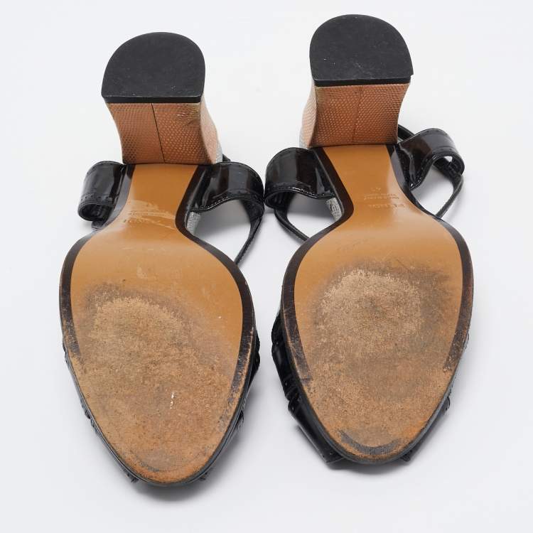 Pre Owned Fendi Black Patent Peep Toe Ankle Strap Sandals Size 41