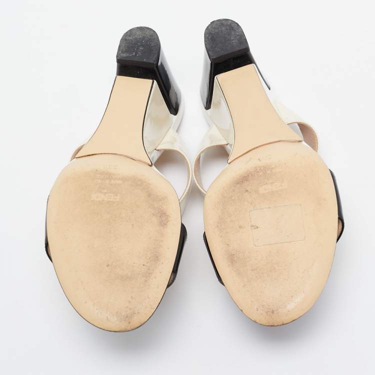 Pre Owned Fendi Cream/Black Patent Leather Wedge Slides Size 38.5