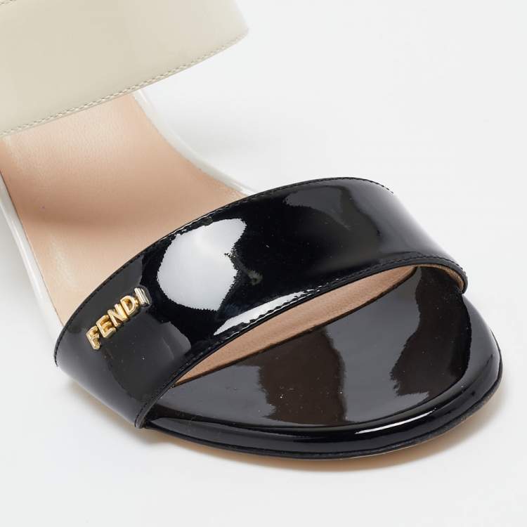 Pre Owned Fendi Cream/Black Patent Leather Wedge Slides Size 38.5